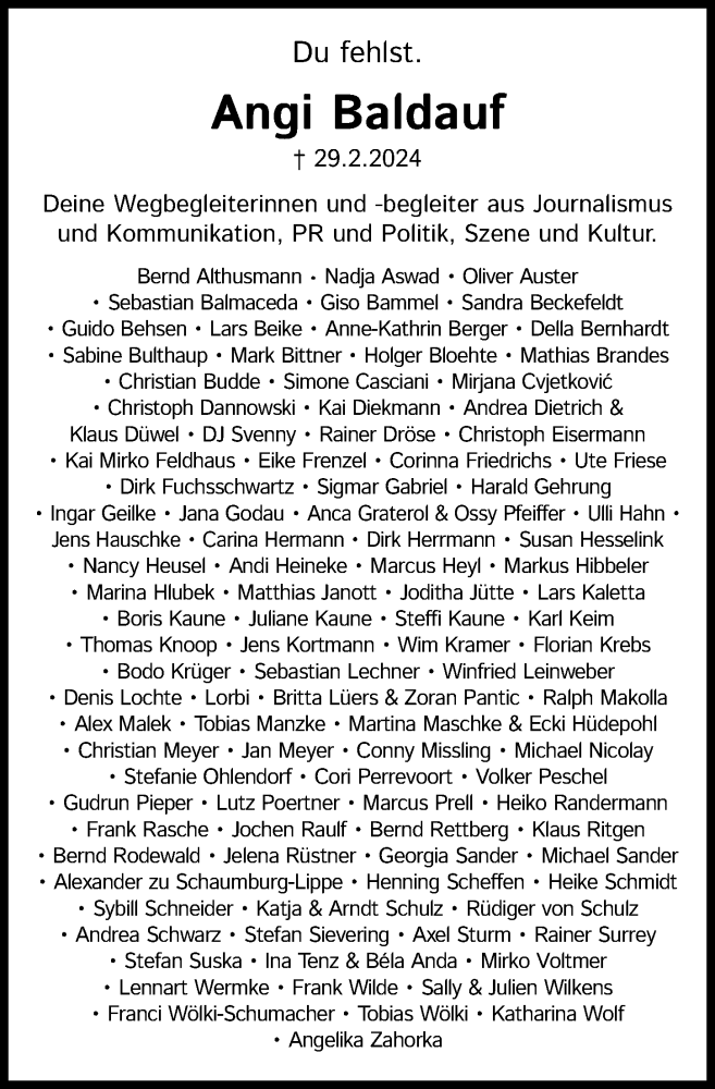  Traueranzeige für Angi Baldauf vom 09.03.2024 aus Hannoversche Allgemeine Zeitung/Neue Presse