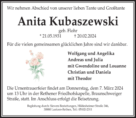 Traueranzeige von Anita Kubaszewski von Hannoversche Allgemeine Zeitung/Neue Presse