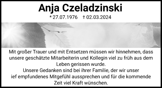 Traueranzeige von Anja Czeladzinski von Hannoversche Allgemeine Zeitung/Neue Presse
