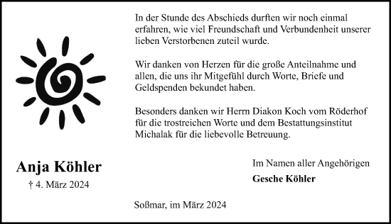 Traueranzeige von Anja Köhler von Peiner Allgemeine Zeitung