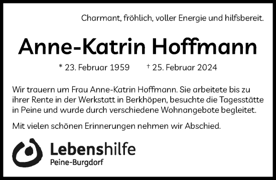 Traueranzeige von Anne-Katrin Hoffmann von Peiner Allgemeine Zeitung