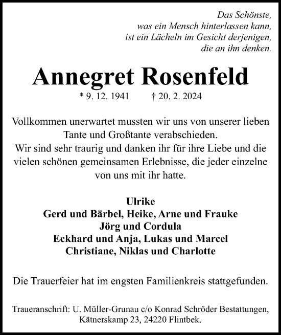 Traueranzeige von Annegret Rosenfeld von Kieler Nachrichten