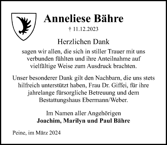 Traueranzeige von Anneliese Bähre von Peiner Allgemeine Zeitung
