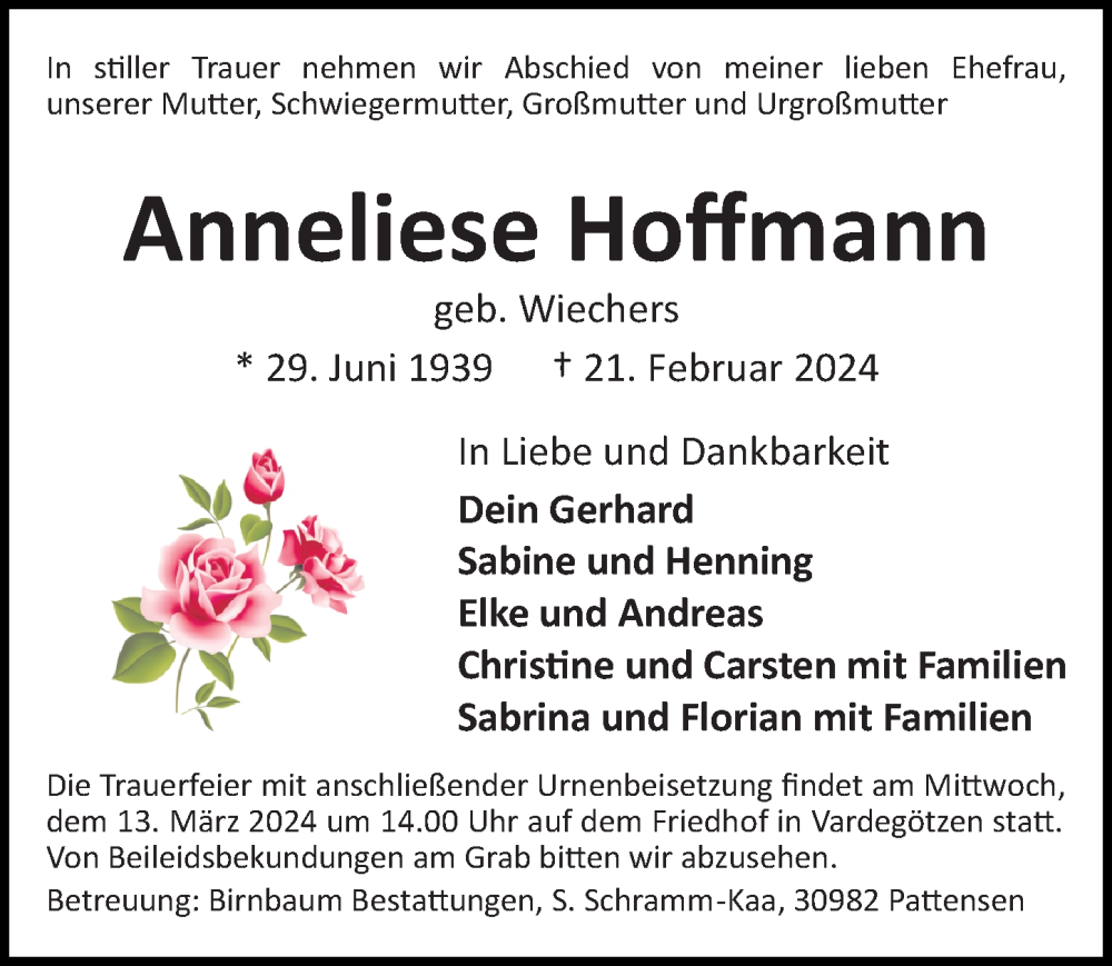  Traueranzeige für Anneliese Hoffmann vom 02.03.2024 aus Hannoversche Allgemeine Zeitung/Neue Presse