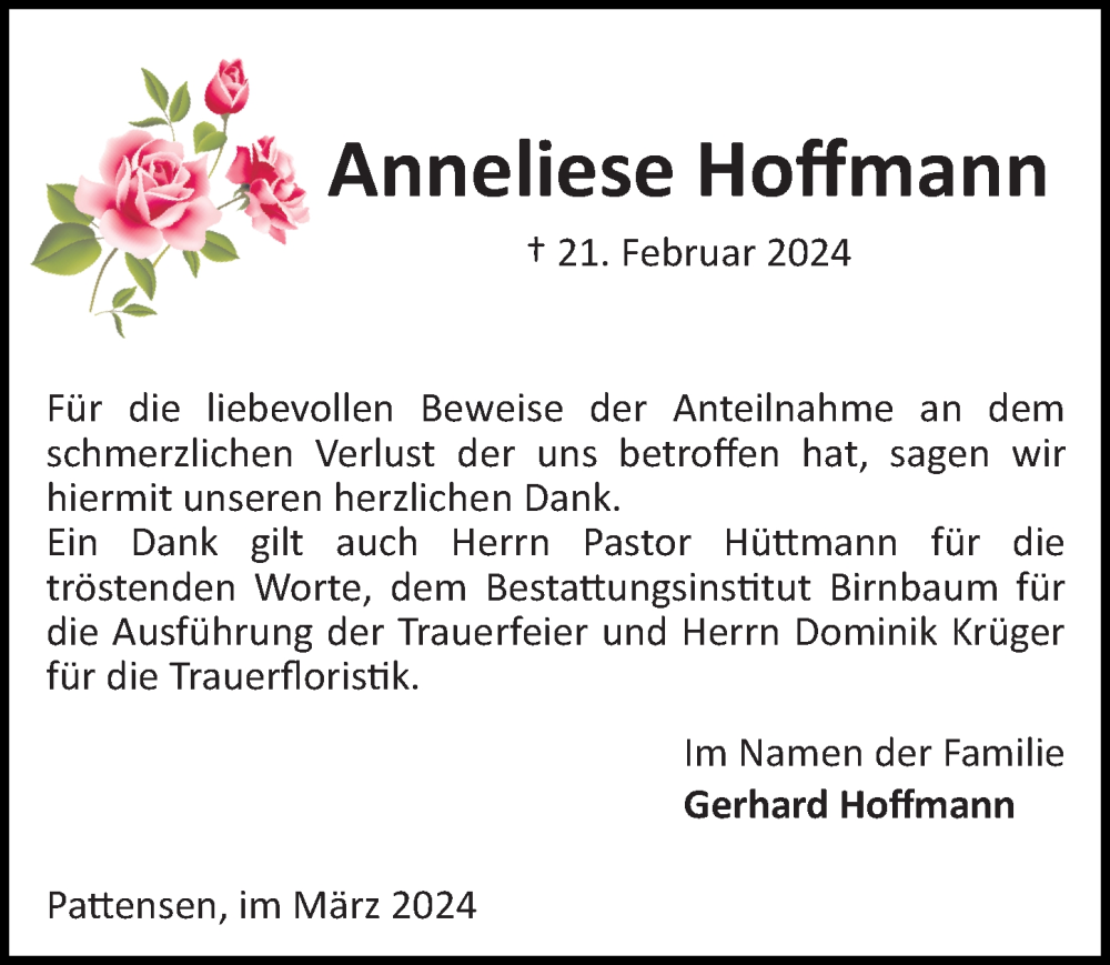  Traueranzeige für Anneliese Hoffmann vom 30.03.2024 aus Hannoversche Allgemeine Zeitung/Neue Presse