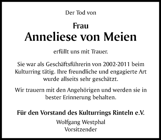 Traueranzeige von Anneliese von Meien von Schaumburger Zeitung/ Landes-Zeitung