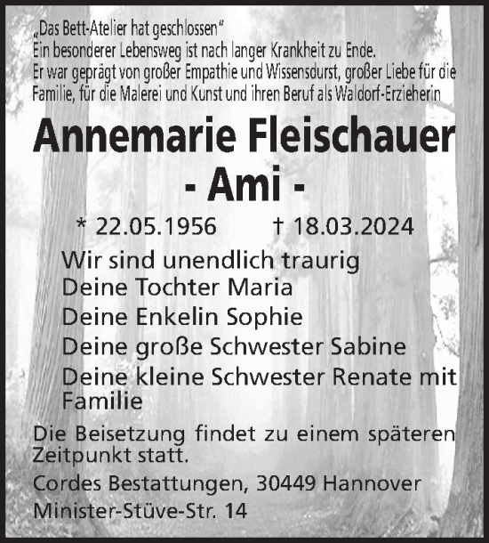 Traueranzeige von Annemarie Fleischauer von Hannoversche Allgemeine Zeitung/Neue Presse