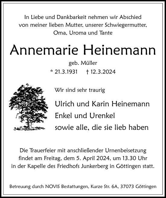 Traueranzeige von Annemarie Heinemann von Göttinger Tageblatt