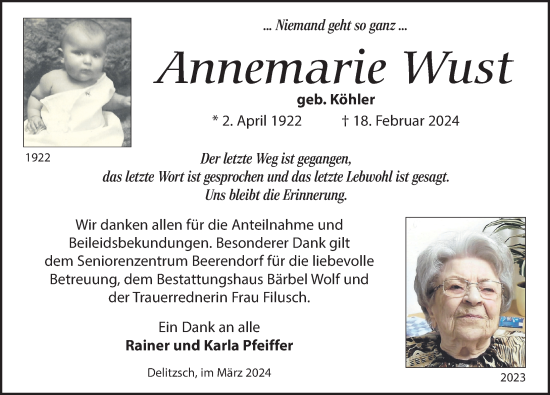 Traueranzeige von Annemarie Wust von Leipziger Volkszeitung