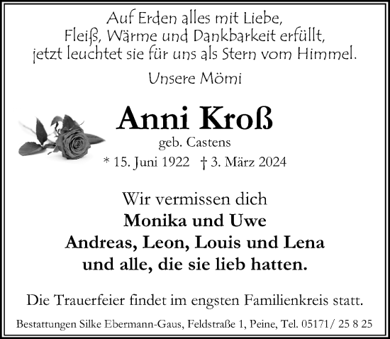 Traueranzeige von Anni Kroß von Peiner Allgemeine Zeitung