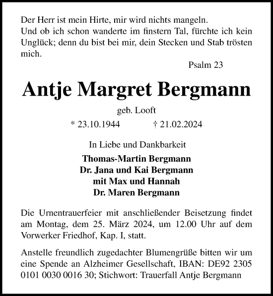 Traueranzeige von Antje Margret Bergmann von Lübecker Nachrichten