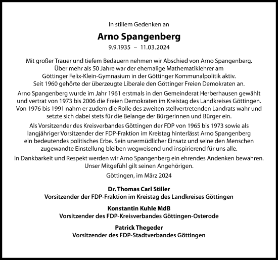 Traueranzeige von Arno Spangenberg von Göttinger Tageblatt
