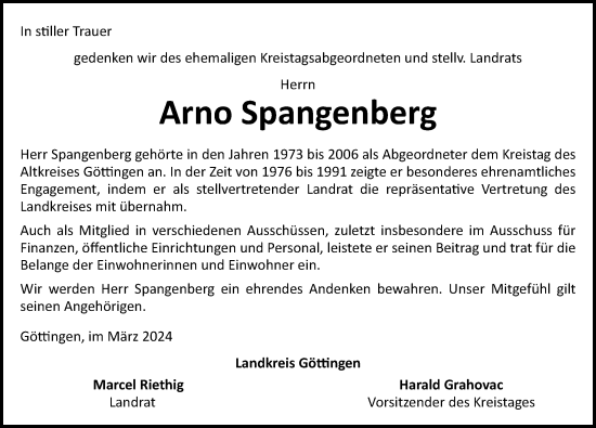 Traueranzeige von Arno Spangenberg von Göttinger Tageblatt