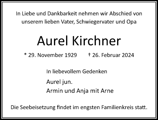 Traueranzeige von Aurel Kirchner von Lübecker Nachrichten