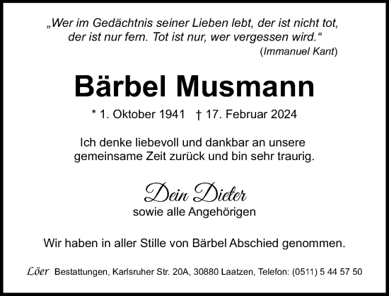 Traueranzeige von Bärbel Musmann von Hannoversche Allgemeine Zeitung/Neue Presse