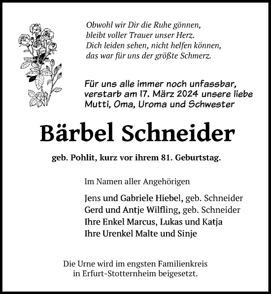 Traueranzeige von Bärbel Schneider von Märkischen Allgemeine Zeitung