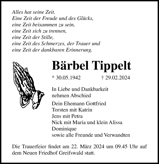 Traueranzeige von Bärbel Tippelt von Ostsee-Zeitung GmbH