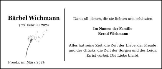 Traueranzeige von Bärbel Wichmann von Kieler Nachrichten