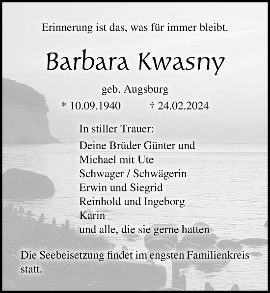 Traueranzeige von Barbara Kwasny von Ostsee-Zeitung GmbH