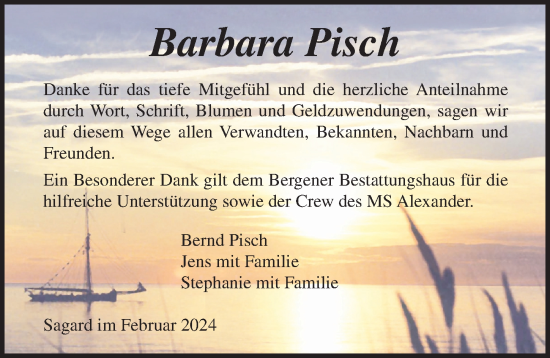 Traueranzeige von Barbara Pisch von Ostsee-Zeitung GmbH