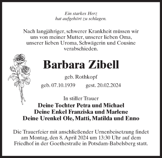 Traueranzeige von Barbara Zibell von Märkischen Allgemeine Zeitung