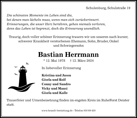 Traueranzeige von Bastian Herrmann von Hannoversche Allgemeine Zeitung/Neue Presse