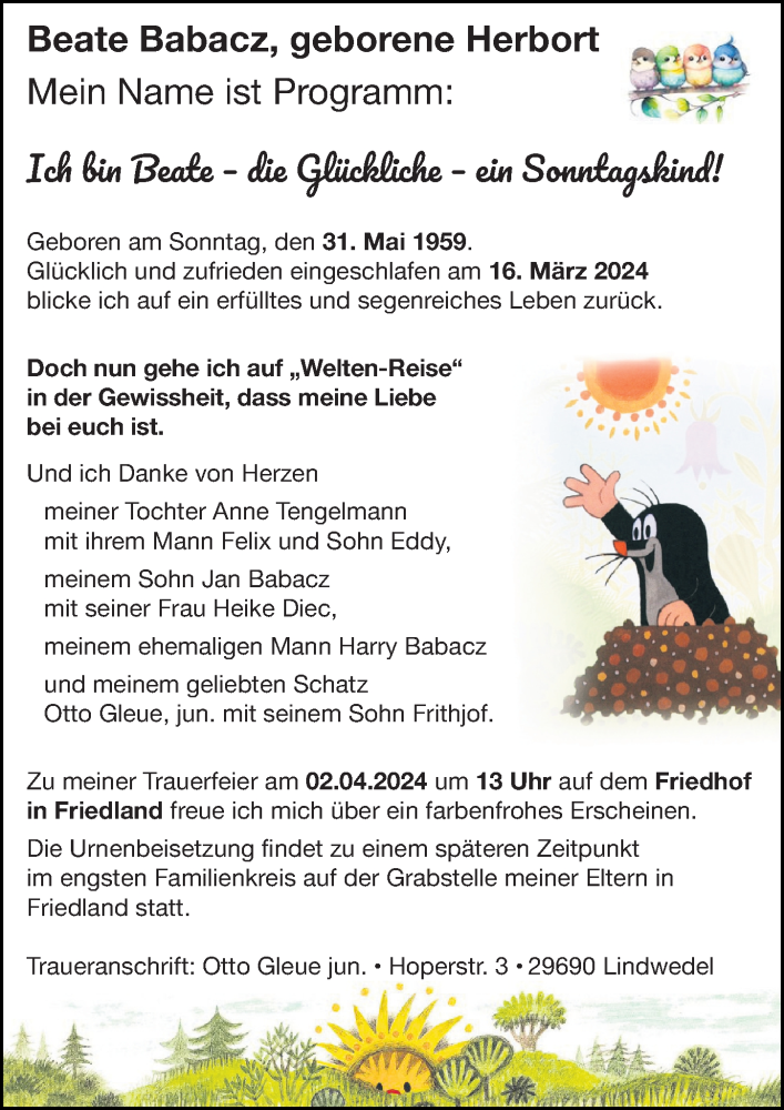  Traueranzeige für Beate Babacz vom 23.03.2024 aus Göttinger Tageblatt