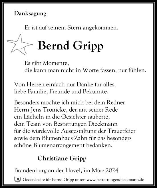 Traueranzeige von Bernd Gripp von Märkischen Allgemeine Zeitung