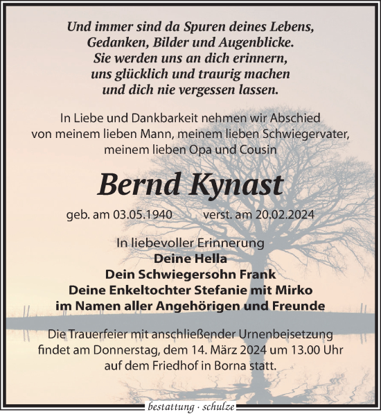 Traueranzeige von Bernd Kynast von Leipziger Volkszeitung