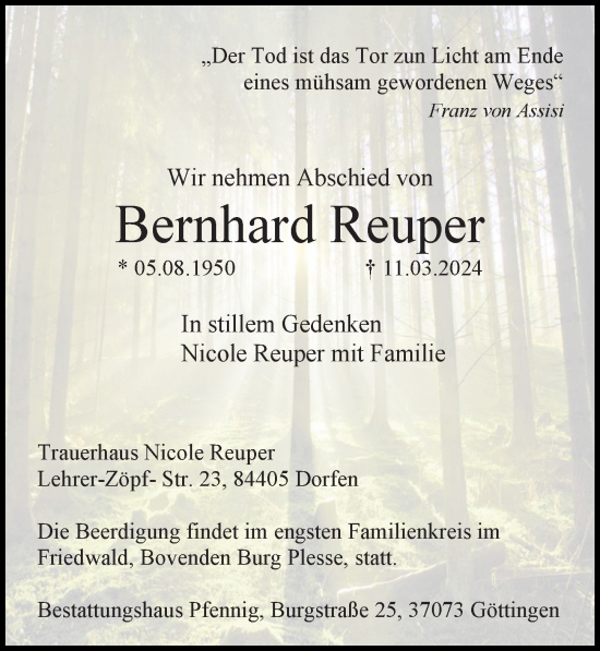 Traueranzeige von Bernhard Reuper von Göttinger Tageblatt