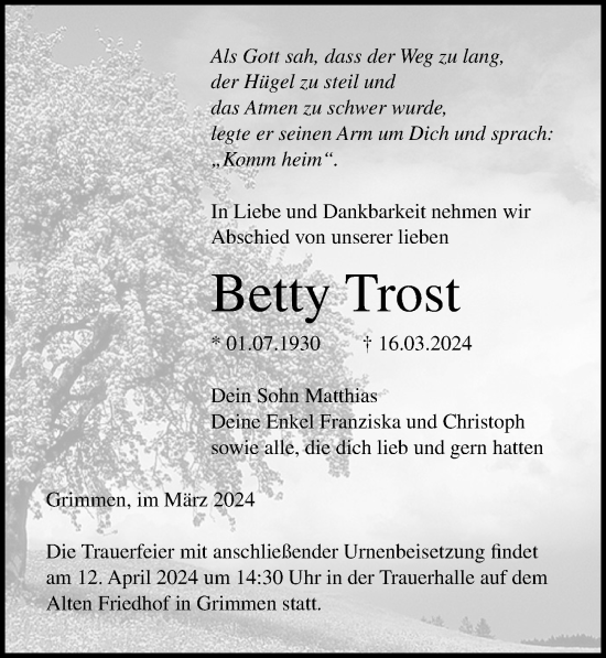 Traueranzeige von Betty Trost von Ostsee-Zeitung GmbH