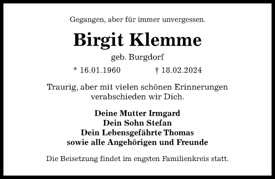 Traueranzeige von Birgit Klemme von Peiner Allgemeine Zeitung
