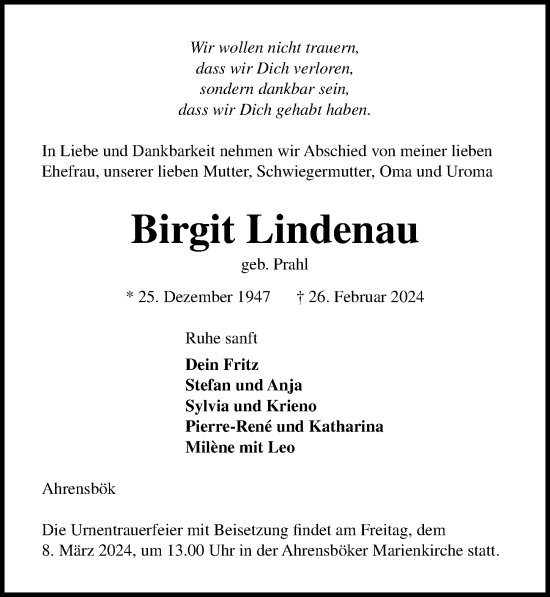 Traueranzeige von Birgit Lindenau von Lübecker Nachrichten