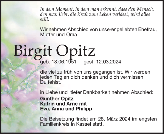 Traueranzeige von Birgit Opitz von Leipziger Volkszeitung