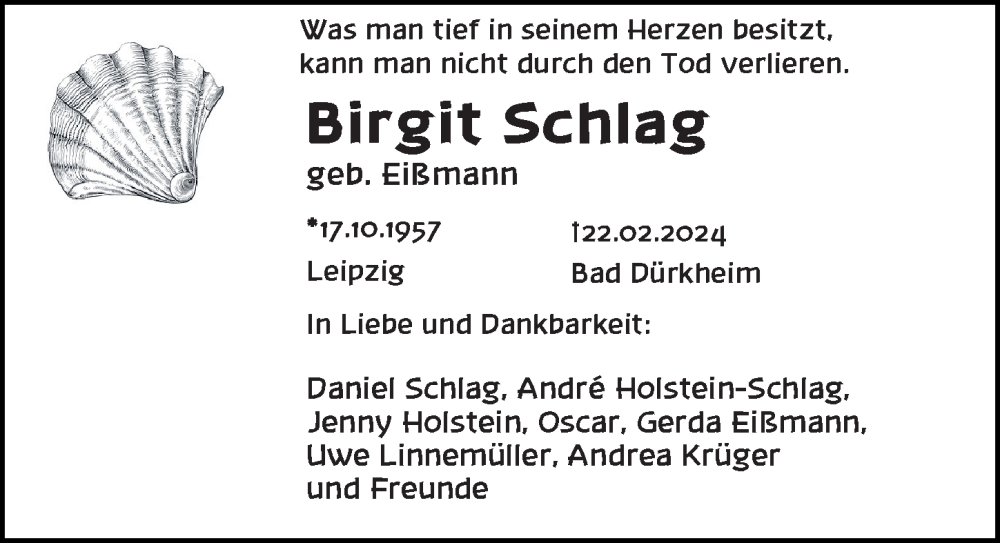  Traueranzeige für Birgit Schlag vom 01.03.2024 aus Leipziger Volkszeitung