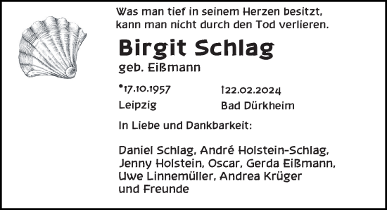 Traueranzeige von Birgit Schlag von Leipziger Volkszeitung