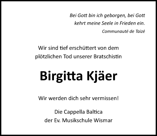 Traueranzeige von Birgitta Kjäer von Ostsee-Zeitung GmbH