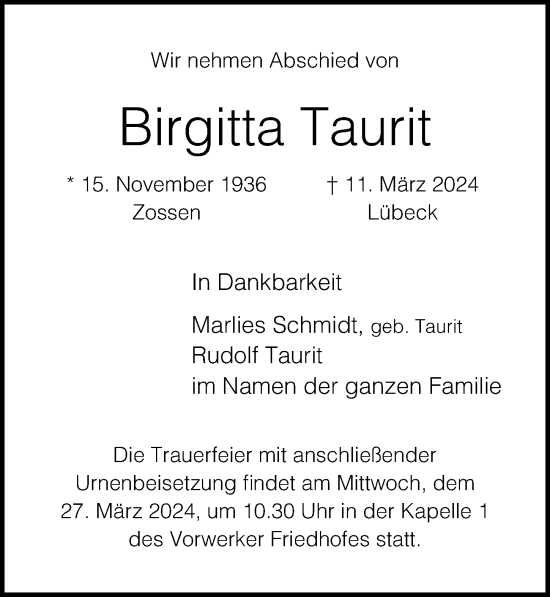 Traueranzeige von Birgitta Taurit von Lübecker Nachrichten