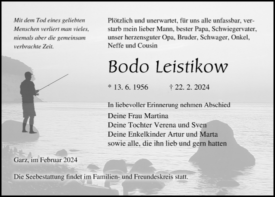 Traueranzeige von Bodo Leistikow von Ostsee-Zeitung GmbH