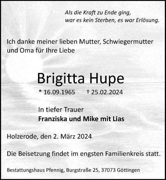 Traueranzeige von Brigitta Hupe von Göttinger Tageblatt