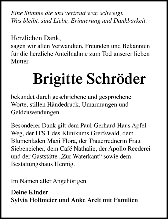 Traueranzeige von Brigitte Schröder von Ostsee-Zeitung GmbH