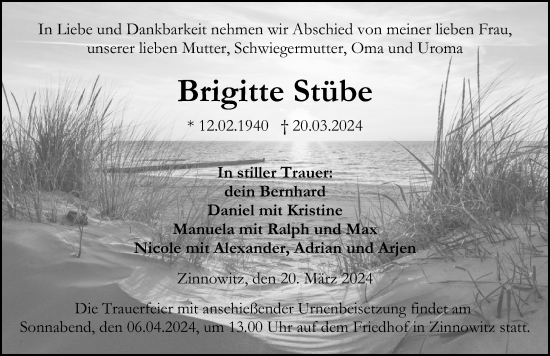 Traueranzeige von Brigitte Stübe von Ostsee-Zeitung GmbH