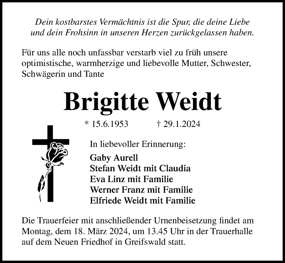  Traueranzeige für Brigitte Weidt vom 09.03.2024 aus Ostsee-Zeitung GmbH