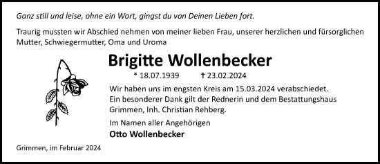 Traueranzeige von Brigitte Wollenbecker von Ostsee-Zeitung GmbH