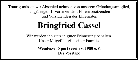Traueranzeige von Bringfried Cassel von Peiner Allgemeine Zeitung