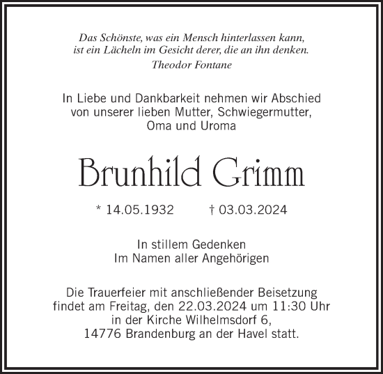 Traueranzeige von Brunhild Grimm von Märkischen Allgemeine Zeitung