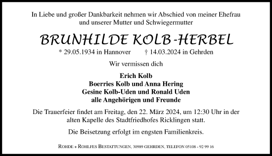 Traueranzeige von Brunhilde Kolb-Herbel von Hannoversche Allgemeine Zeitung/Neue Presse