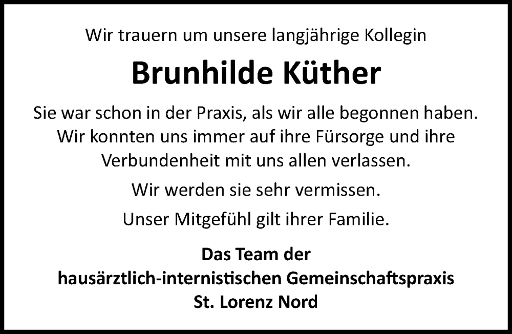  Traueranzeige für Brunhilde Küther vom 03.03.2024 aus Lübecker Nachrichten
