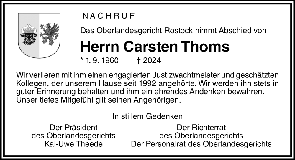  Traueranzeige für Carsten Thoms vom 16.03.2024 aus Ostsee-Zeitung GmbH