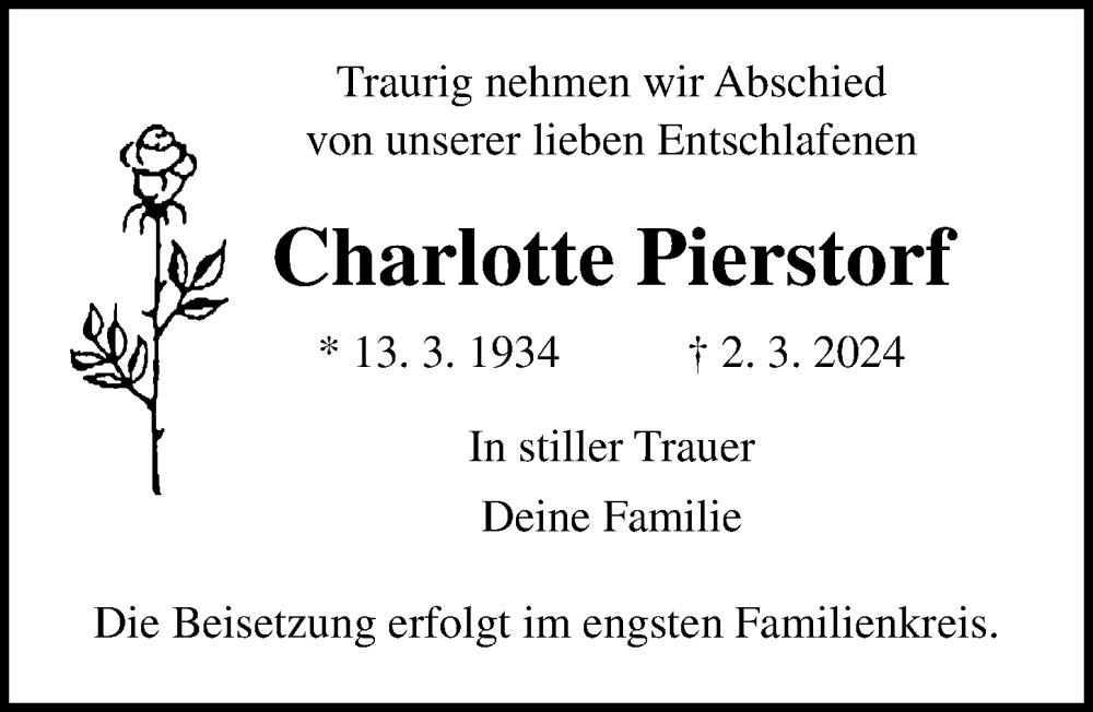  Traueranzeige für Charlotte Pierstorf vom 09.03.2024 aus Ostsee-Zeitung GmbH